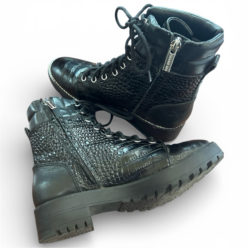 Gianni Bini Black Crocodile-Embossed Leather LaceUp Combat Boots
